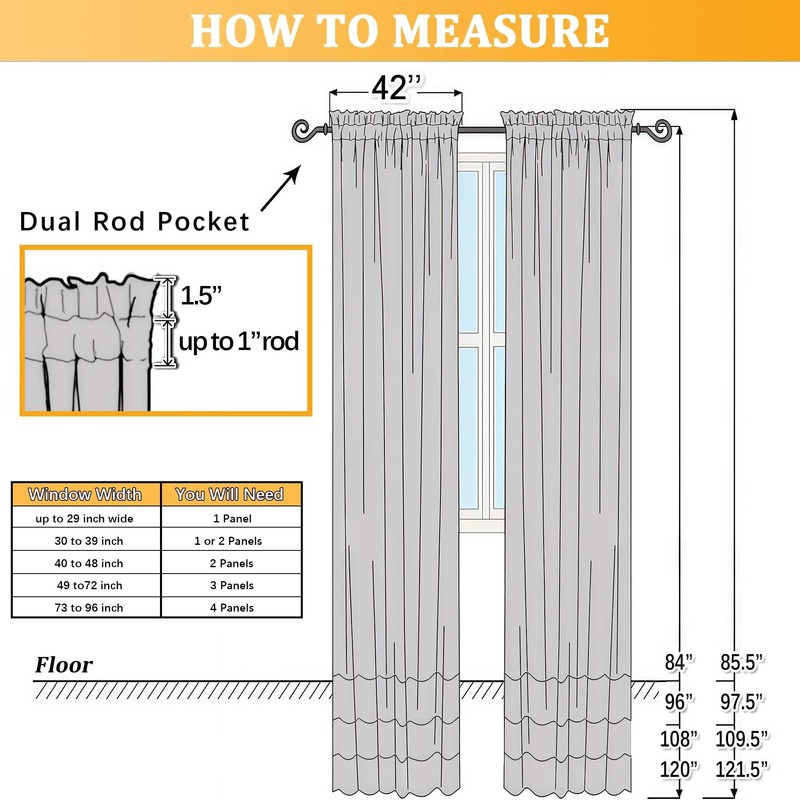 Gwine Charcoal Grey Sheer Kitchen Curtains 36 Inch Length, Light