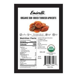 Emirelli Organic Turkish Dried Apricots, Non GMO Vegan Sun-Dried Snacks, No Sugar Added, Packed in Natural Resealable Pouch, Healthy and Rich Nutritional Values, Net 7.05 Ounce