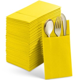 50-Pack Disposable Linen-Feel Dinner Napkins With Built-in Flatware Pocket, YELLOW Prefolded Cloth Like Paper Napkins For Wedding, Dinner Or Party