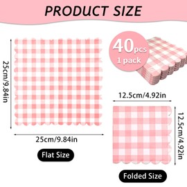 PHIOMUUE 40Pcs Light Pink Gingham Napkins, 25 x 25 cm Disposable Scalloped Party Napkins, Pastel Cocktail Napkins for Wedding Birthday Decorations Beverage Supplies (Pink)