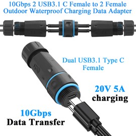 QIANRENON Dual USB 3.1 C Outdoor Waterproof Adapter Extender 10Gbps 2 USB Type C Female to 2 Female Data Charging Port Coupler IP68 Sealed, 20V5A, M20, for Extension USB C Outdoor