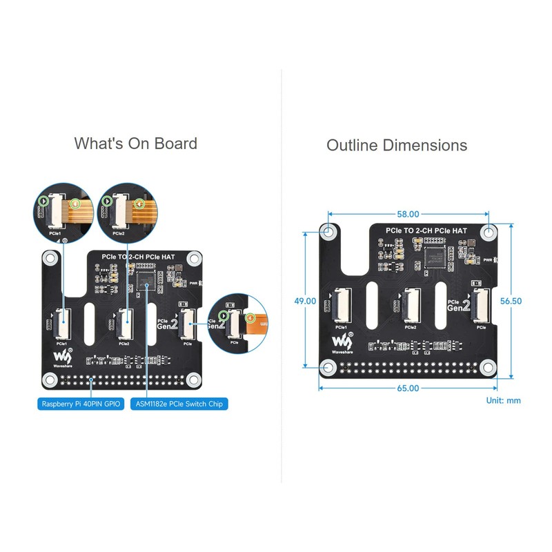 PCIe to 2-CH PCIe HAT for Raspberry Pi 5, Extended