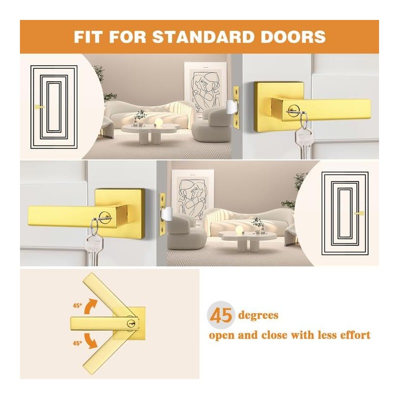 Probrico Brushed Gold Keyed Entry Door Handle Square Heavy Duty