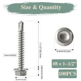 GOHODOMINO #8 x 1-1/2" Sheet Metal Screws 100Pcs 410 Stainless Steel Hex Washer Head Fast Self Tapping Screws