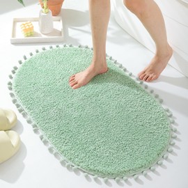 YIRDDEO Sage Green Pom Bath Rug for Bathroom Non Slip, Cute Boho Pom Oval Absorbent Shower Mat, Plush Soft Washable Rug (20x30 inches)