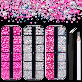 3 Boxes Flat Back Pearls&Rhinestone Kit 10 Flatback White&Peach Half Round Pearls+Resin Gems 2-8mm with Pickup Pencil and Tweezer for Home DIY and Professional Nail Art, Face Makeup and Craft