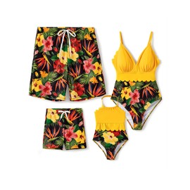 PATPAT Family Matching Swimsuits One Piece Bathing Suits Tropical Flower Print Adjustable Straps Swimwear and Swim Trunks Yellow Men L
