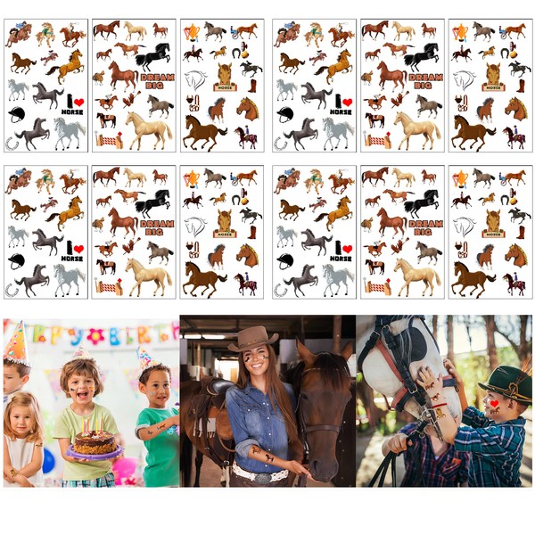 CupaPlay 350+ PCS Horse Temporary Tattoos Stickers Party Favors Supplies Decorations Race Derby Day Kentucky Horse Lovers Birthday Baby Shower Goodie Bag Stuffers Prize(24 Sheets)