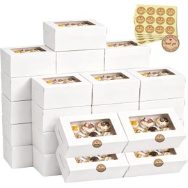 20 Cajas para Postres Blancas con Ventana, Cajas de Panadería para Pastelería, Fiesta Festiva, Cajas de Papel para Dulces, Cupcakes, Cumpleaños, Galletas (Blanco, 24 * 16 * 7.5 CM)