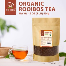 Soeos Organic Red Rooibos Loose Leaf Tea, 16 Ounce (1LB), Naturally Caffeine-Free Herbal Tea, USDA and Non-GMO Certified, Gluten Free, Keto Friendly, Rich Aroma & Smooth Flavor, South African Grown, Perfect for Hot or Iced Tea