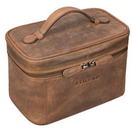 STILORD 'Aden' Toiletry Bag Leather Large Wash Bag Travel Cosmetic Bag with All-Round Zip and Handle Vintage Genuine Leather, Medium - Brown, Toiletry bag