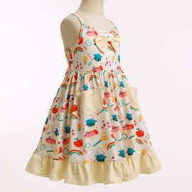 IBTOM CASTLE Back to School Dress for Girls: Toddler Sleeveless Backless Apple Dress Causal Ruffle Bottom Dress with Pockets First Day of Kindergarten Outfit Summer Clothes Light Yellow 6-7 Years