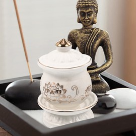 HOMSFOU Ceramic Altar Cup Buddhist Water Offering Bowl 2pcs Ceramic Lotus Water Cups Candle Holder Worship Cup for Meditation Altar Ritual Smudging Decoration