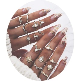 Vintage Silver Knuckle Goth Punk Rings Set for Women Men,Bohemian Statement Stacking Joint Finger Rings,Retro Crystal Gold Midi Y2K Rings Set (16Pcs Gold)