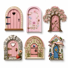 Waoferfio 6 PCS Fairy Doors, Enchanting Fairy Garden Accessories Set with Pink Fairy Houses for Garden Decor, Whimsical Fairy Ornaments for Outdoor Magic Tree Displays