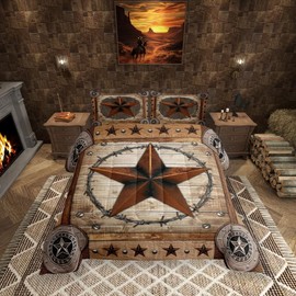 Western Texas Star Kids Comforter Set King Size,Rustic Wooden Door Farmhouse Bedding Set,Girls Boys Adults Room Decor,Western Cowboy Tribal Down Comforter,Brown Retro Duvet Insert,2 Pillowcases