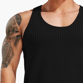 UK loees Men's Tank Tops Workout Sleeveless Muscle T Shirts Ribbed Knit Gym Training Athletic Fitness Tee Black