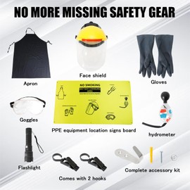 Complete Forklift Battery PPE Kit for A Variety of Forklift Battery Maintenance, Wall-Mount PPE Equipment Station with Hydrometer, Gloves, Goggles, Face Shield, Apron & Flashlight