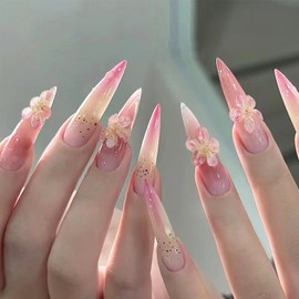 Flower Press on Nails Long Stiletto Fake Nails with Glitter Nude Pink Design Full Cover Acrylic False Nails Ballerina Glossy Artificial on Nail Acrylic Stick on Nails for Women Daily Wear Nail 24 Pcs