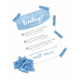 Shower Games & Co. Don't Say Baby Game for Boy with Natural Wooden Clothespins for Baby Shower Pins Game and Cute 5 x 7 Sign - 30 People (Blue)