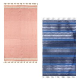 Organix 100% Cotton Turkish Fouta Beach Towel, Pack of 2, 35x70 inches, Sand Free Quick Dry Swim Towel, Extra Large Light Travel Towel for Adults, Soft Durable Absorbent - Blue & Pink