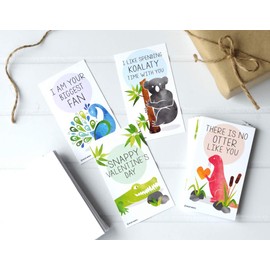 Mini Crocodile Otter Koala Peacock Valentines (Wallet-Sized Cards with Tiny Envelopes) for Valentine's Day by Nerdy Words (Set of 24)