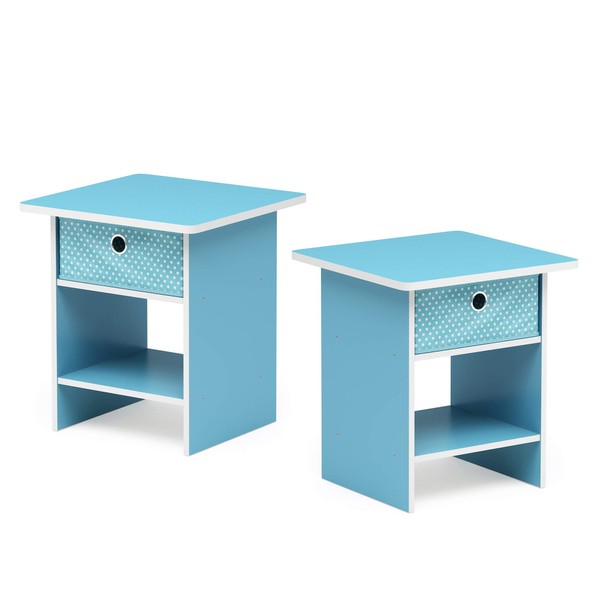 FURINNO Bin Drawer Storage 2-Pack End Table Nightstand, Light Blue/Light