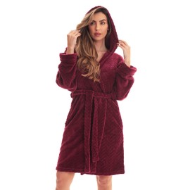 Just Love Kimono Robe Chevron Texture Fleece Hooded Bath Robes for Women, Burgundy With Hood, X-Small