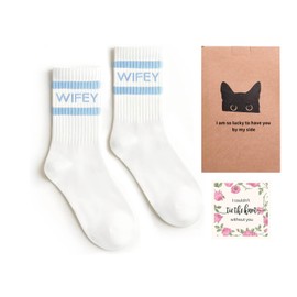 Bride Socks, White Bride Gifts, Bride To Be Something Blue Gift for Bride, Soft Cotton Bride Socks For Women Engagement Gift Bachelorette Party Favors (US, Numeric, 10, Regular, Regular, Blue Wifey)