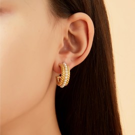 Dnswez Pearl Hoop Earrings for Women, 14K Gold Plated Dainty Hypoallergenic Zirconia CZ Pearl Huggie Earrings Chunky Fashion JewelryGifts for Women