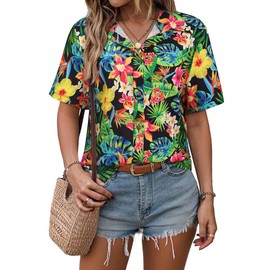 ChainJoy Women's Hawaiian Shirts Short Sleeve Button Down Soft Cool Floral Tropic Print Casual Blouse Tops Tropical Flower L