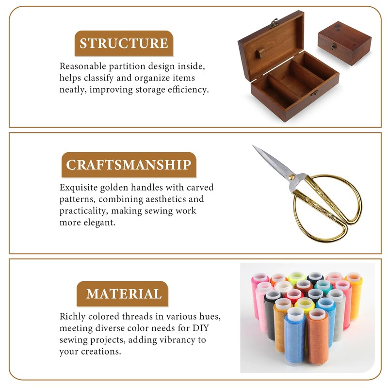 Sewing Kit Wooden Sewing Box with Accessories Retro Wooden Sewing