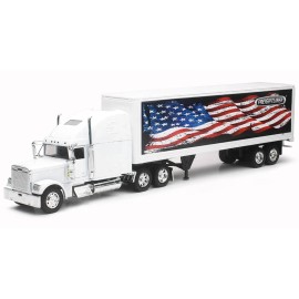 DCD Freightliner Classic XL Truck 1/32 Scale Diecast Toys White with Dry Van Trailer & Patriotic 'Long Haul Truckers' Graphic