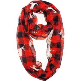 VIVIAN & VINCENT Gift Wrapped Fall Winter Soft Lightweight Holiday Sheer Infinity Christmas Scarf for Women Girls Red Black Buffalo Plaid with Reindeer