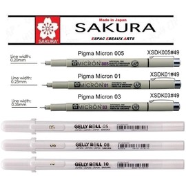 SAKURA Pigma Micron 005 .01. 03 Gelly Roll White, 3 Pens Bright White in Case, Mix Size 05/08/10