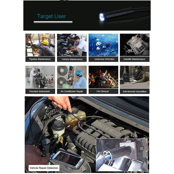 USB Endoscope, 7 mm Focus Camera Lens, 2 m Waterproof,