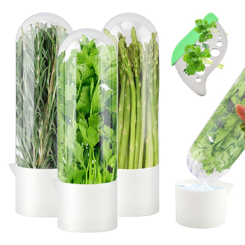 3Pcs Refrigerator Herb Keeper Containers,Herb Saver Jars with Herb Stripper