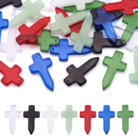 Cheriswelry 28Pcs Cross Glass Charms Colorful Crystal Cross Religious Pendants Vintage Hang Ornament 37mm 7 Colors for DIY Necklace Earring Jewelry Making