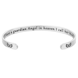 Memorial Gifts for Loss of Mom Dad in Memory of Jewelry Sympathy Bracelet Bereavement Cuff Brangle Grief Gifts for Women Her (Mom Memorial Gift - I have a guardian angel in heaven I call her mom)