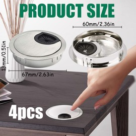 4-Piece 60mm Desk Kit Zinc Alloy Cable Grommets,Computer Desk Metal Cable Hole Cover Round Organizers Table Cable for Home and Office (Ø60mm（2-3/8 Inch）, Brushed Silver)