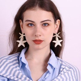 RUOFFETA Raffia Starfish Earrings, Raffia Straw Wrapped Starfish Drop Dangle Earrings Summer Tropical Beach Jewelry(White A)