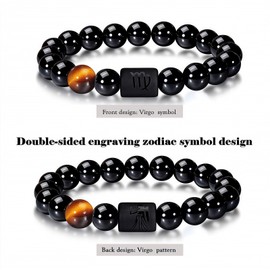 QSMGD Zodiac Bracelets for Women and Men,Friendship Bracelet,8mm 10mm Natural Black Onyx Stone Star Sign Constellation Horoscope Bracelet Gifts (Virgo, 10mm beads-(fit wrist: 6.3"-6.9"))