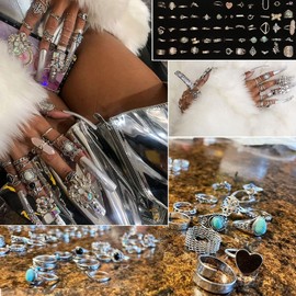 17IF 82 Pcs Vintage Silver Knuckle Rings Set for Women, Stackable Bohemian Aesthetic Finger Rings, turquoise stones Crystal Adjustable Stacking Midi Ring Pack
