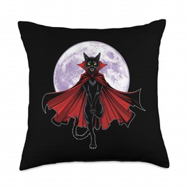Vampire Cat with Cape and Full Moon Throw Pillow