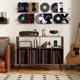 LOKO Large Record Player Stand, Vinyl Record Holder with Built-in Power Outlet, Open Shelves & Compartments, Turntable Display Stand for Living Room, Bedroom, Office (Rustic Brown)