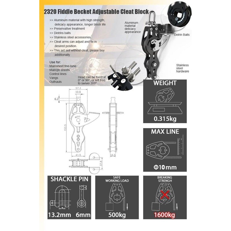Blue Shark: 57mm Single Fiddle Becket Adjustable Aluminum Cam Block