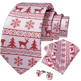 DiBanGu Mens Christmas Tie Silk Festive Ties and Pocket Square Cufflinks Set with Gift Box Xmas Holiday Vacation Neckties, White and Red Christmas Moose
