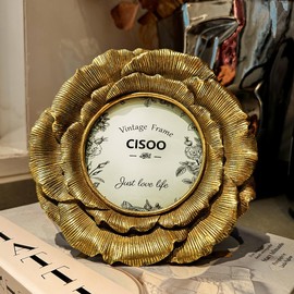 CISOO Marco de fotos redondo vintage de 4x4, marco de fotos antiguo dorado con flores ornamentales en círculo, para exhibición en mesa y pared, decoración floral retro decorativa para el hogar, arte