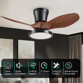 ocioc Quiet Ceiling Fan with LED Light DC motor 32 inch Large Air Volume Remote Control Walnut for Kitchen Bedroom Dining room Patio