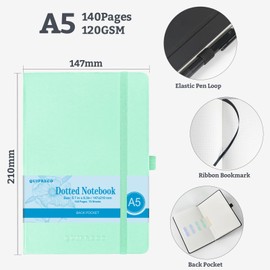 2Pack A5 Bullet Dotted Hardcover Journal Notebook, 140 Pages 120Gsm Thick Paper for School,Note Taking,Work,Diary，5.7''*8.3'',Light Green